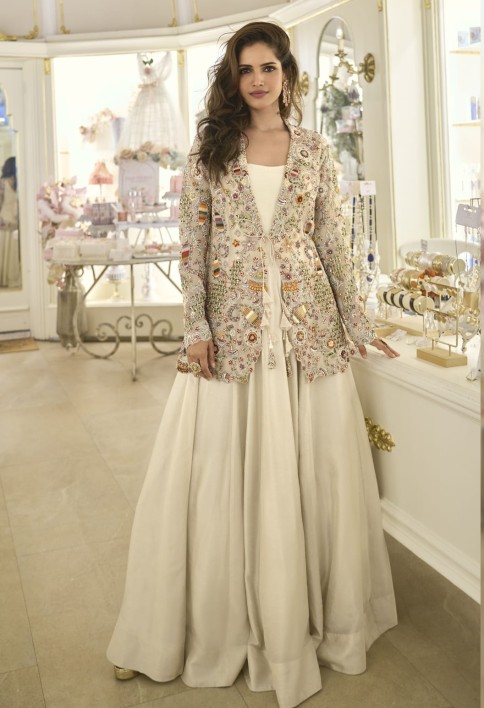 Cream Silk Embroidered Work Designer Gown for Ceremonial